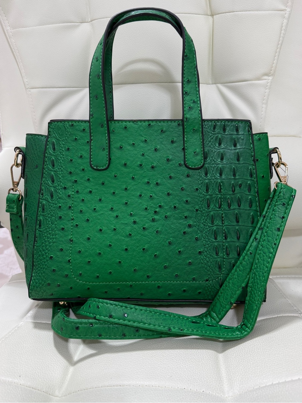 Structured Green Faux-Ostrich Satchel 2 way with bonus wallet brand new - Picture 1 of 12